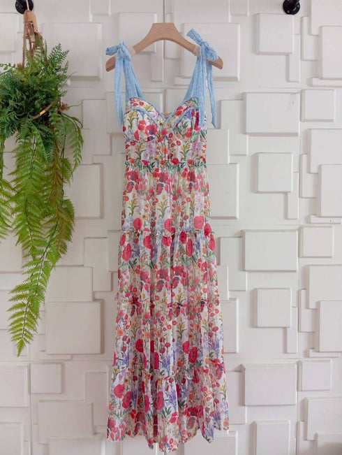 Floral Tie Straps Padded Maxi Dress